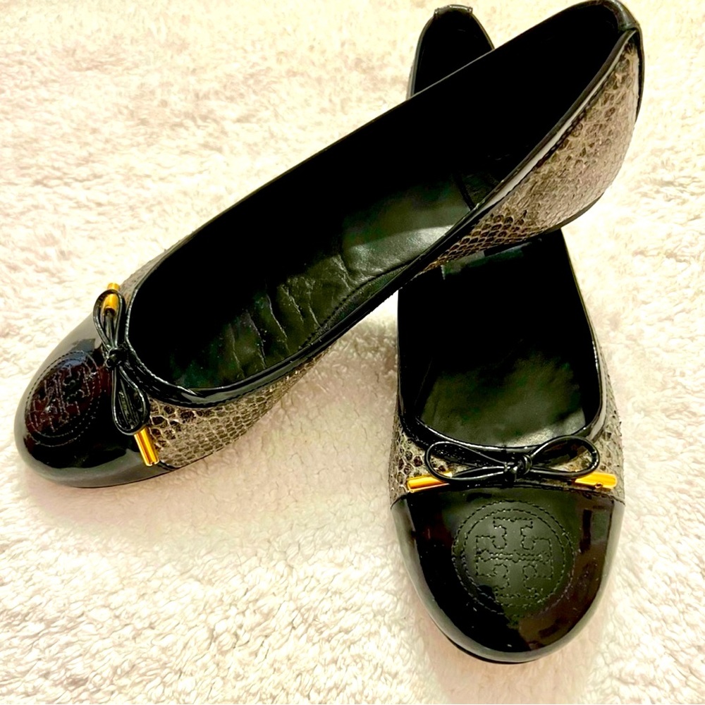 TORY BURCH 'VERBENA' SNAKE & BLACK PATENT LEATHER BOW BALLET FLATS SHOES
